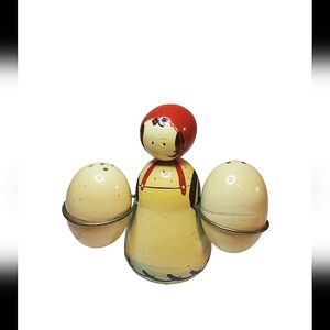 Vintage Wooden Woman With Egg Salt And Pepper Shakers
